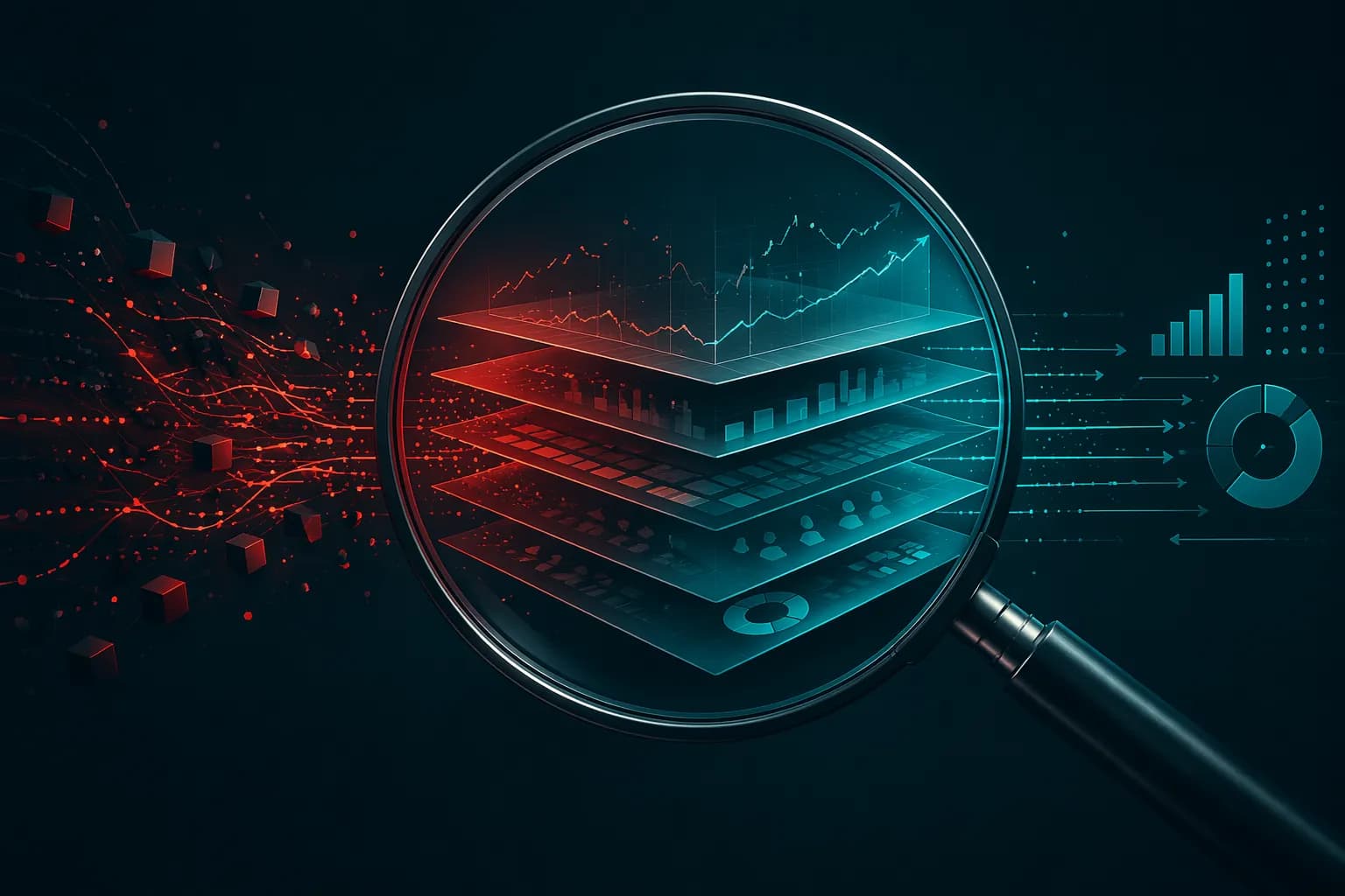 Magnifier over layered analytics — WeAdU audit hero