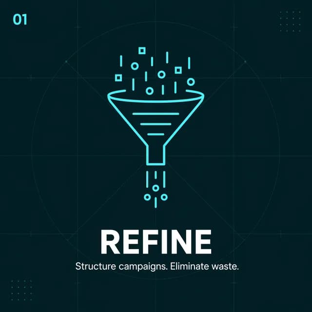 RTAS step 01 Refine: funnel filtering disorganized inputs to structure campaigns and eliminate waste.