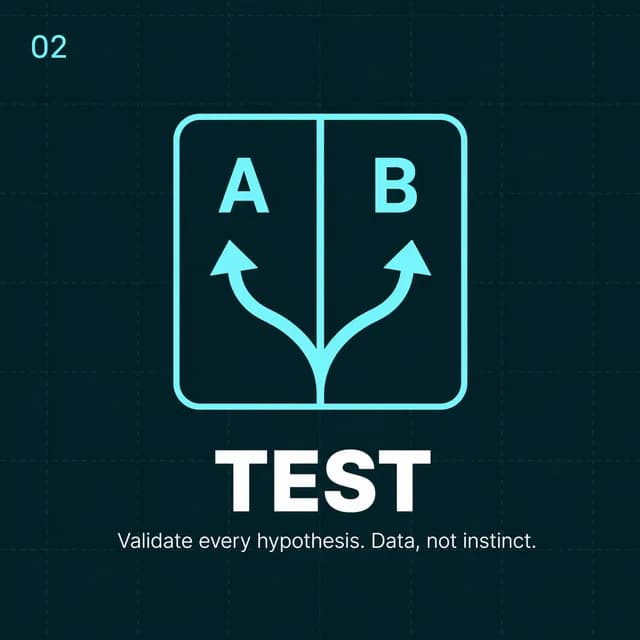 RTAS step 02 Test: controlled experiments across bids, creatives, and campaign structures.
