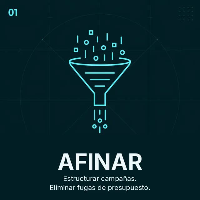 Paso RTAS 01 Afinar: embudo que filtra entradas desorganizadas para estructurar campañas y eliminar fugas de presupuesto.